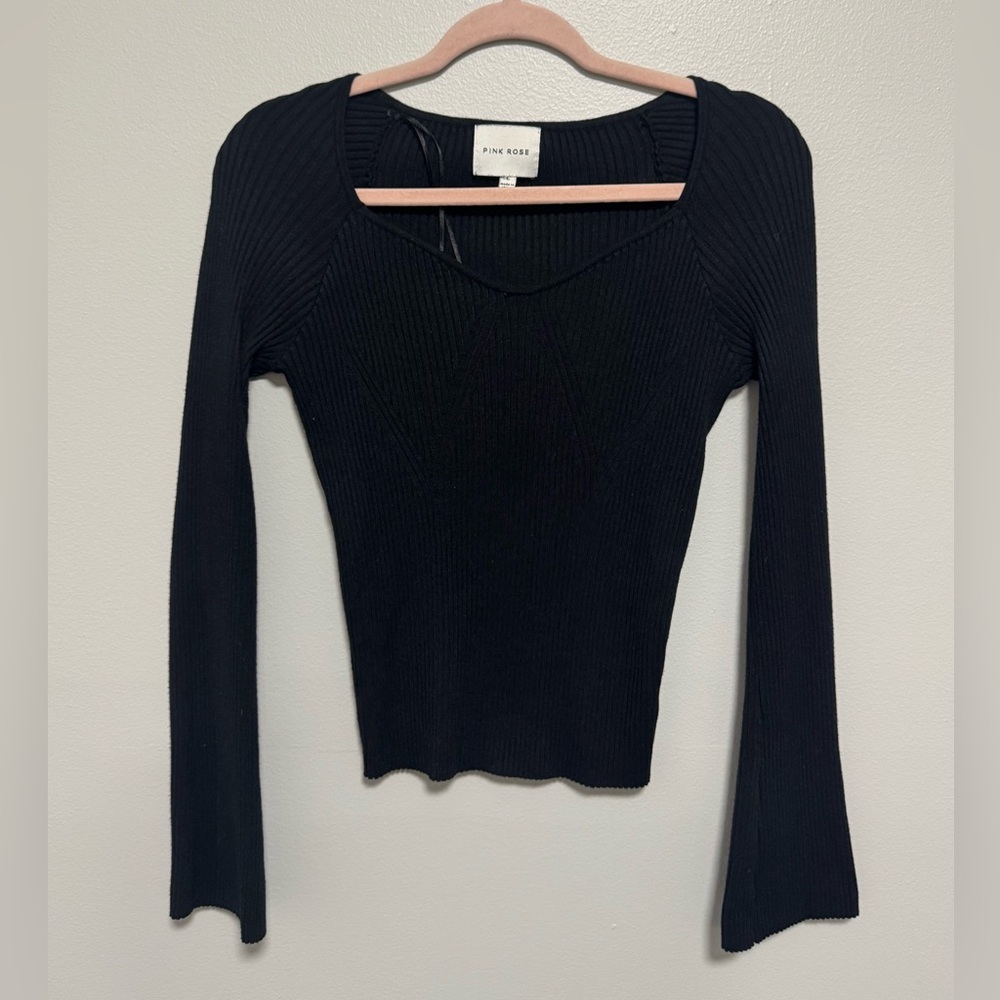 Pink Rose Black Ribbed Long-Sleeve Belle Sleeve Top